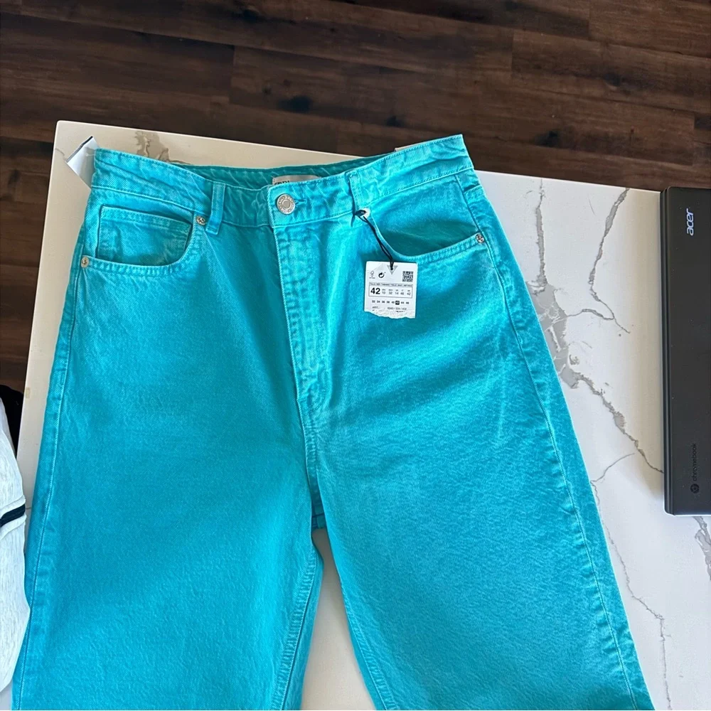 NWT ZARA Full Length High Waist Wide Leg Turquoise Jeans Five Pocket Size 10 - Picture 7 of 17